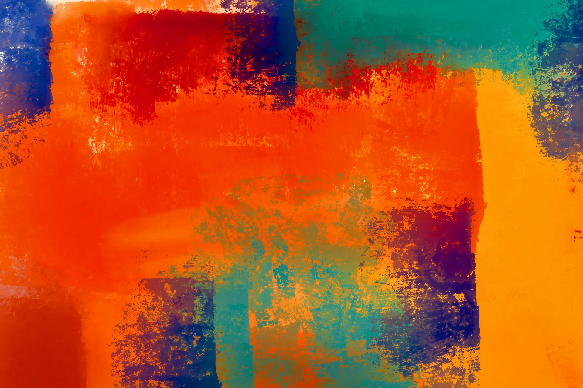 Abstrakcyjne, teksturowane tło malarskie ze smużystymi, nakładającymi się plamami żywych kolorów: intensywnej pomarańczy, błękitu indygo, szmaragdowej zieleni i złotej żółci, reprezentujące artystyczną energię bloga Pan Kleks.