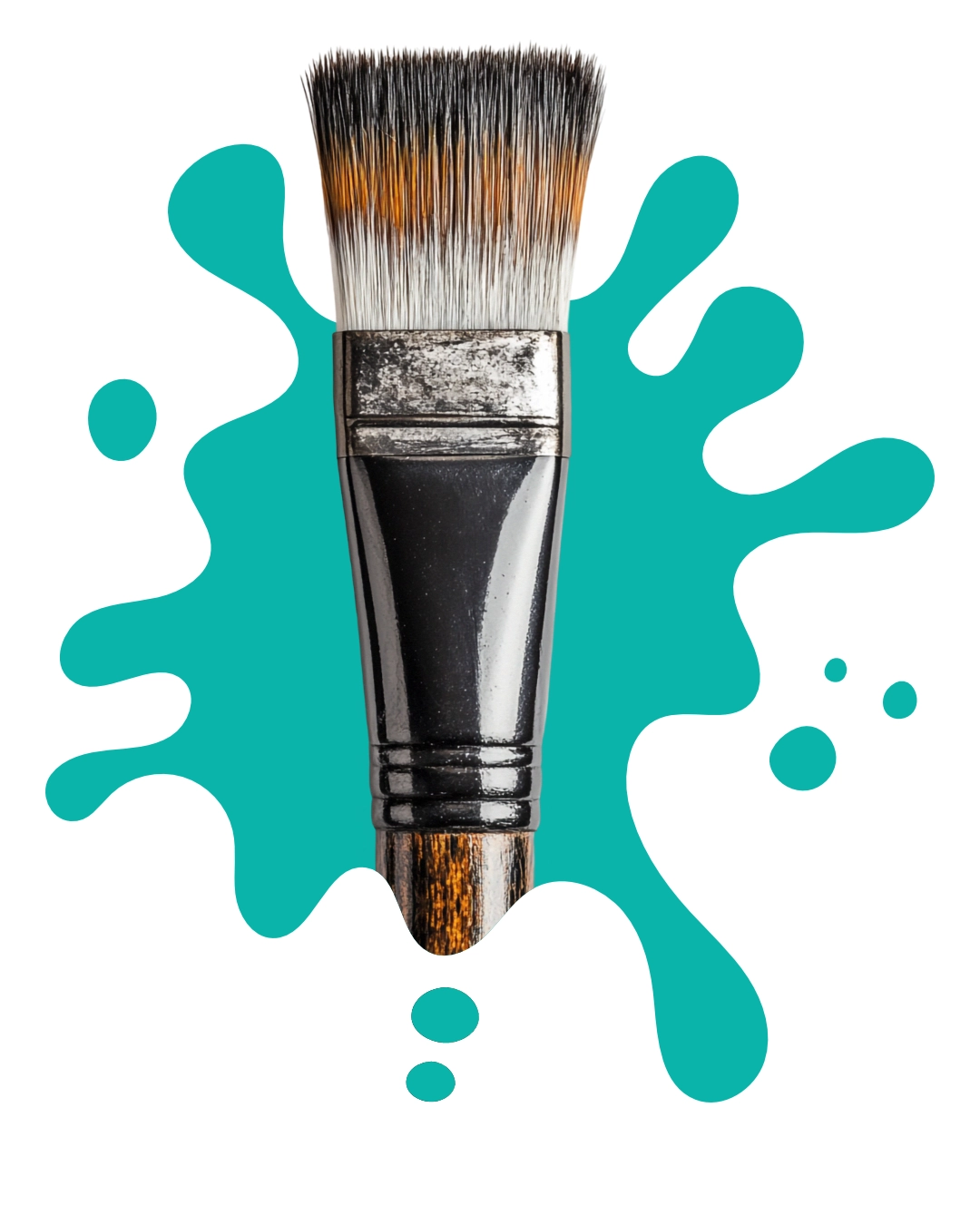 Szeroki pędzel malarski z ciemnym włosiem na tle jaskrawego turkusowego kleksa farby, prezentujący wysokiej jakości narzędzia dostępne w pracowni u Pana Kleksa.