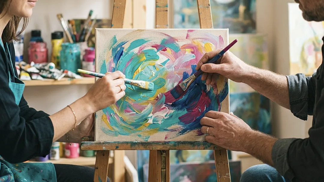 Zbliżenie na cztery dłonie pary malujące wspólnie obraz na płótnie w Studio Pan Kleks, trzymające pędzle i nanoszące turkusowe farby.
