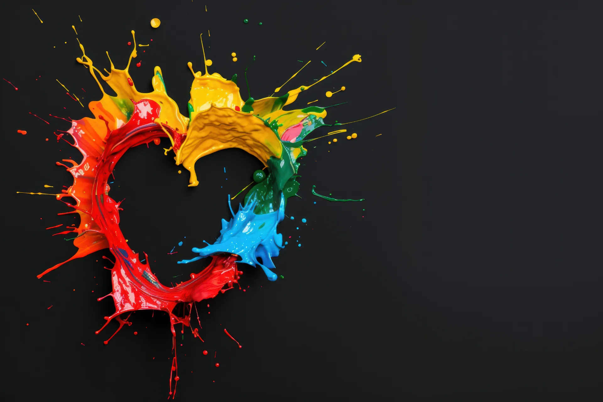 Kolorowe, dynamiczne rozpryski farby ułożone w kształt serca na ciemnym tle, symbolizujące miłość do sztuki i ekspresji twórczej.