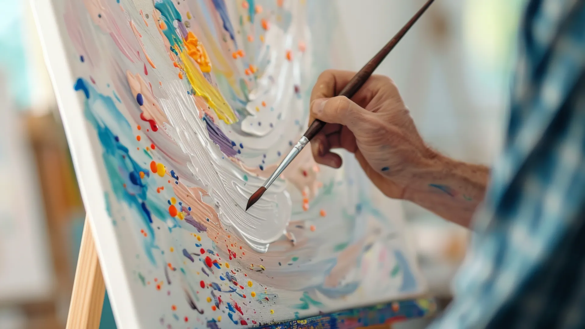 Zbliżenie na rękę malującą białą, gęstą farbą po płótnie podczas indywidualnej sesji swobodnego malowania w Studio Pan Kleks.