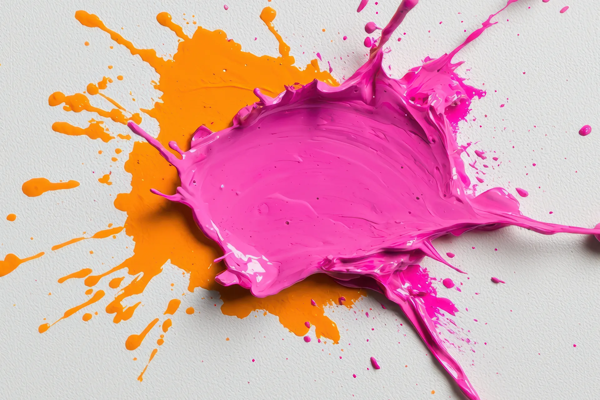 Duży, trójwymiarowy, różowy rozprysk farby nakładający się na mniejszy, pomarańczowy kleks na białym tle, ilustrujący dynamiczną komunikację z pracownią Pan Kleks.