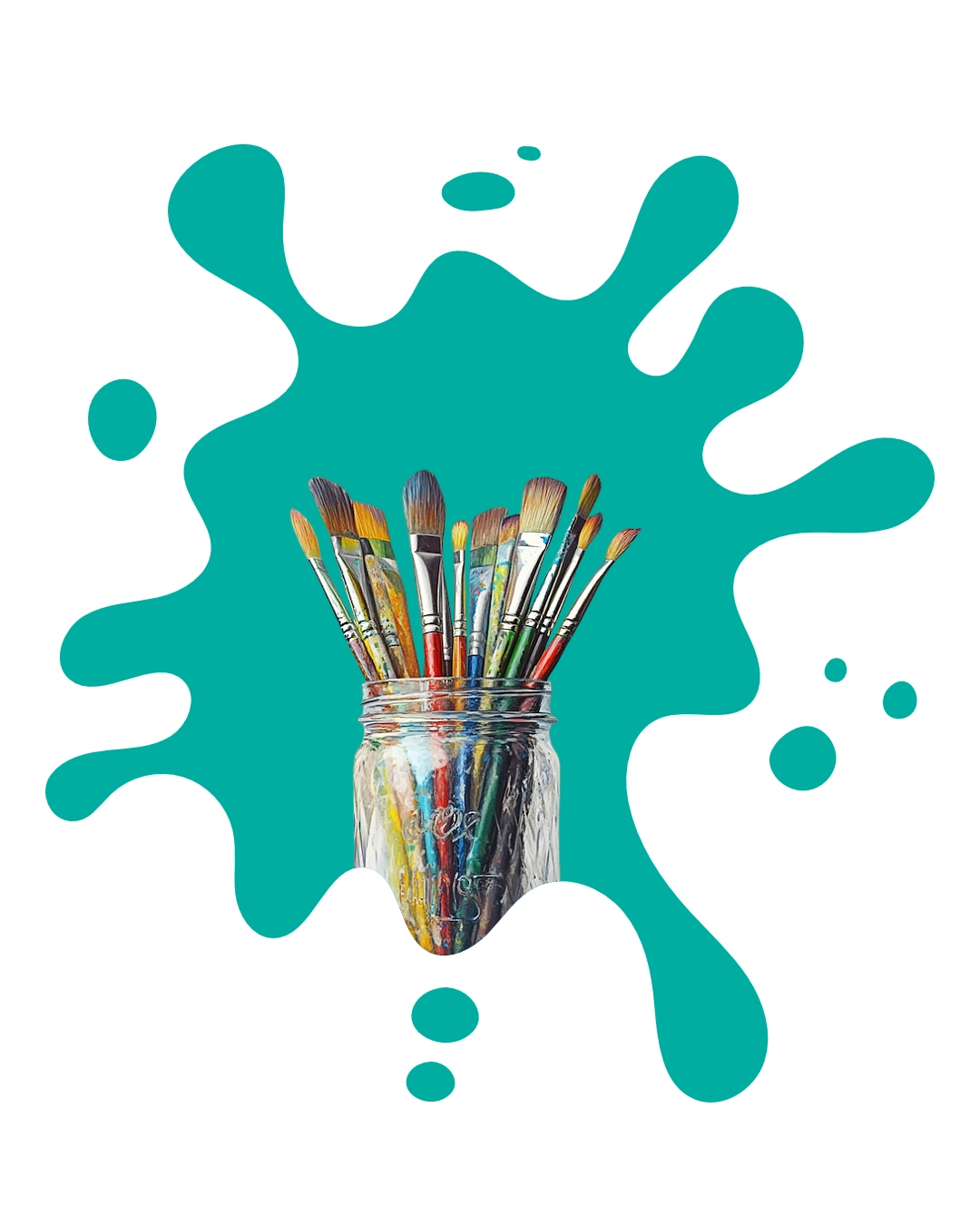 Zestaw pędzli artystycznych w szklanym słoiku na tle charakterystycznego turkusowego kleksa, symbolizujący ofertę swobodnego malowania w Studio Pan Kleks.