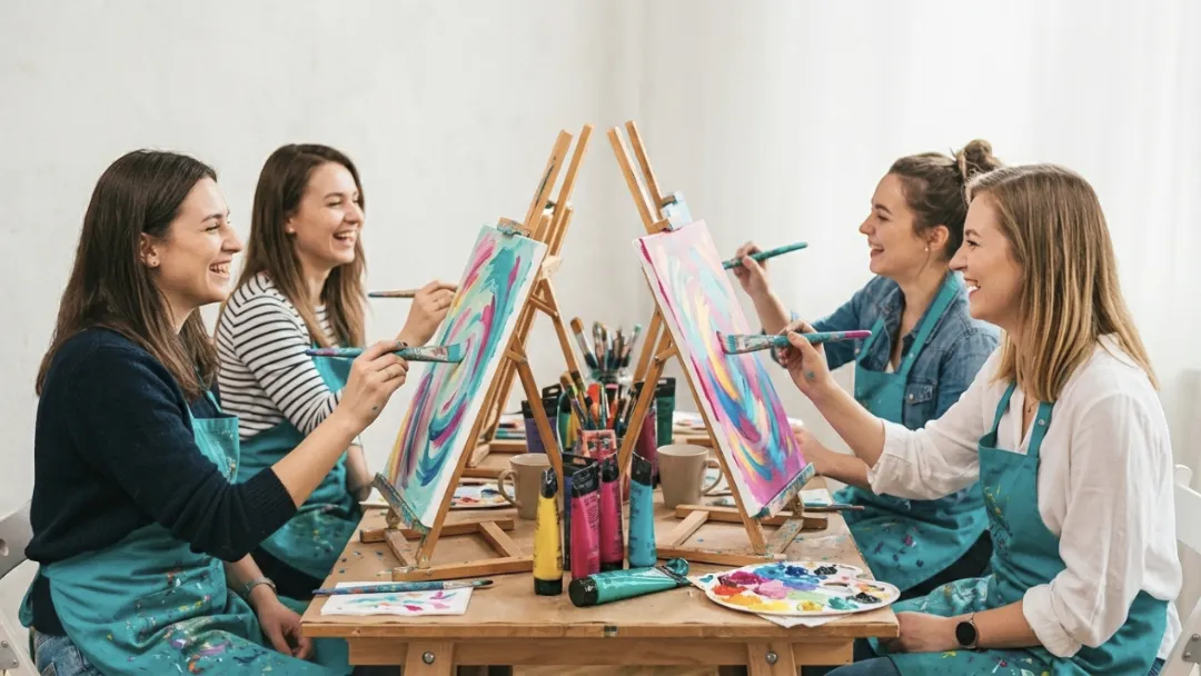 Zdjęcie czwórki przyjaciółek malujących przy sąsiednich sztalugach w Studio Pan Kleks.