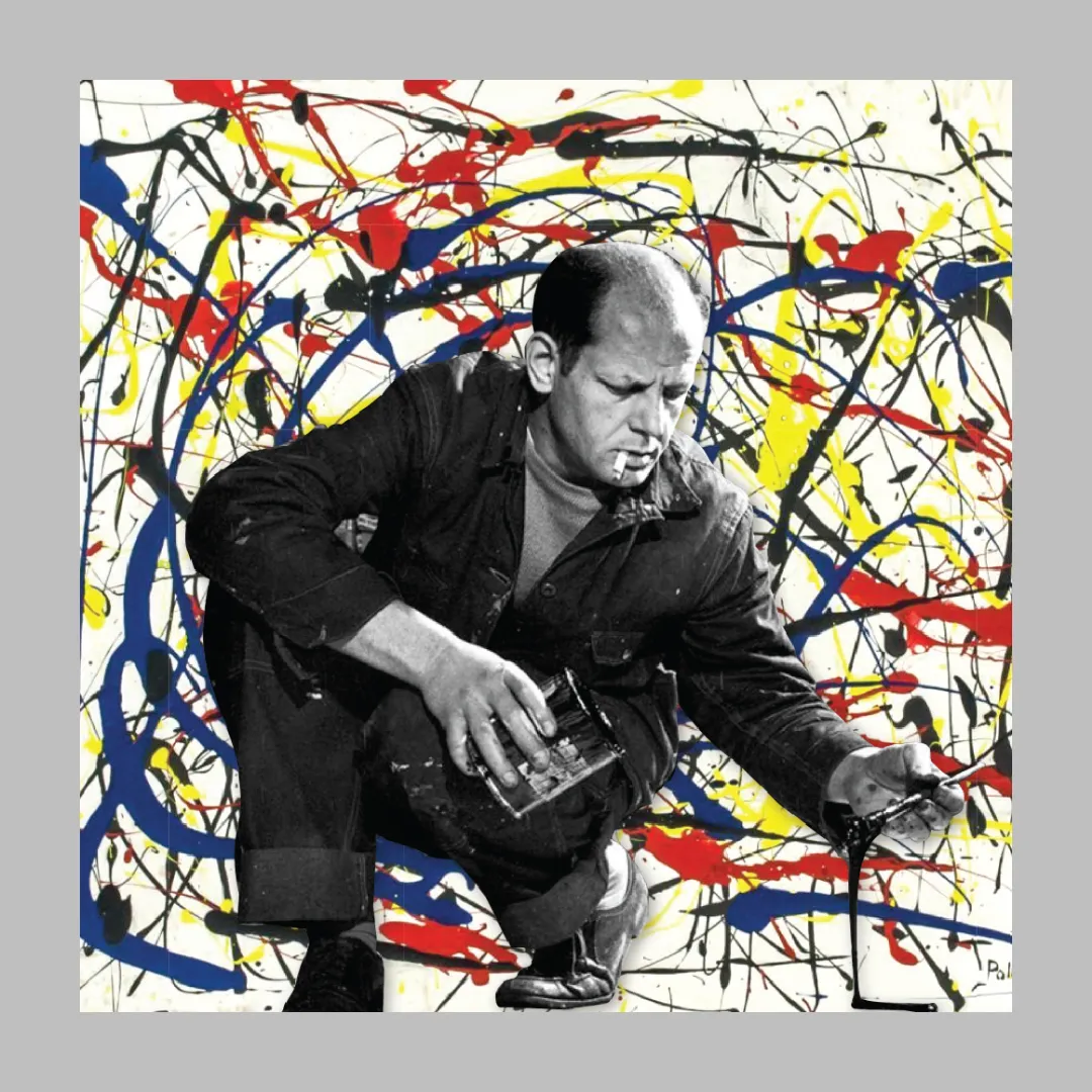 Jackson Pollock na tle swojego obrazu.